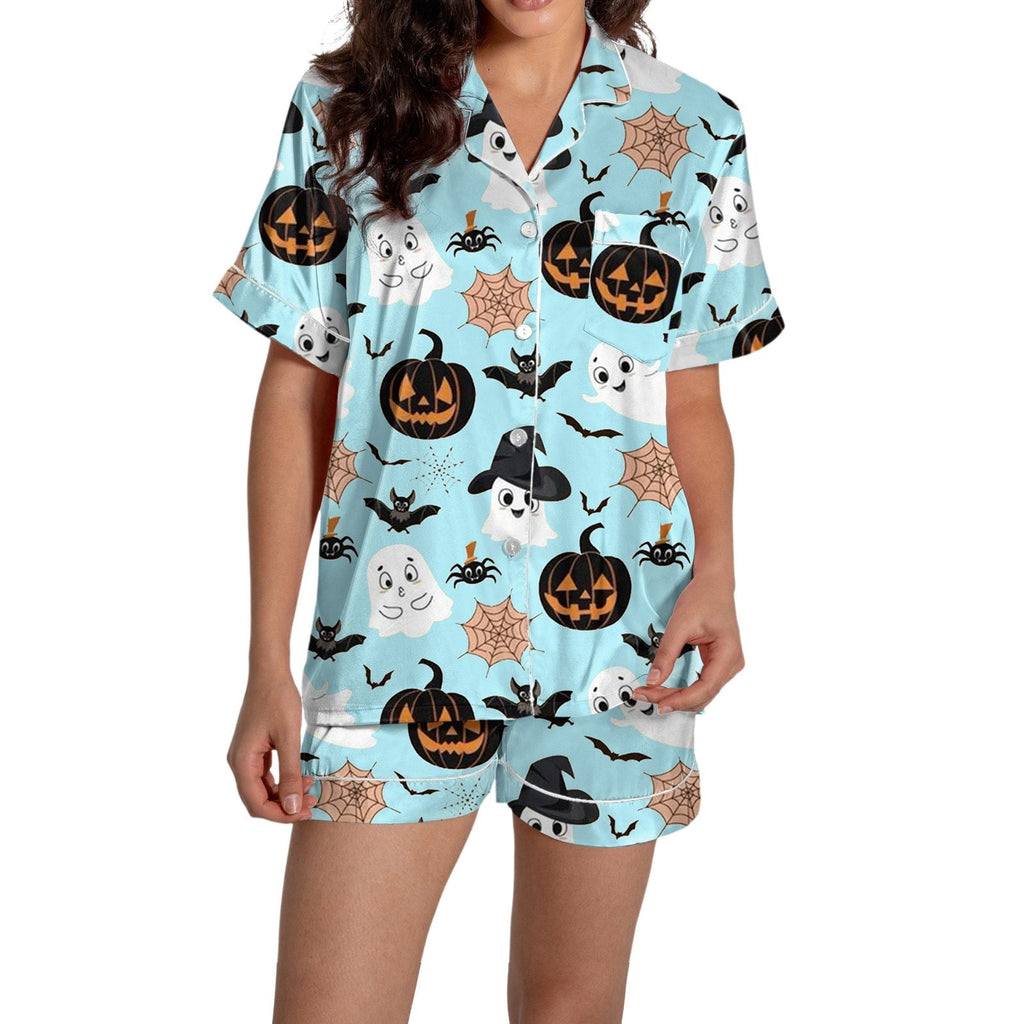 ChenYiFH Halloween Pajama Sets For Women 2 Piece Pumpkin Print Shirts And Pajamas Shorts Button Down Short Sleeve Sleepwear Black S