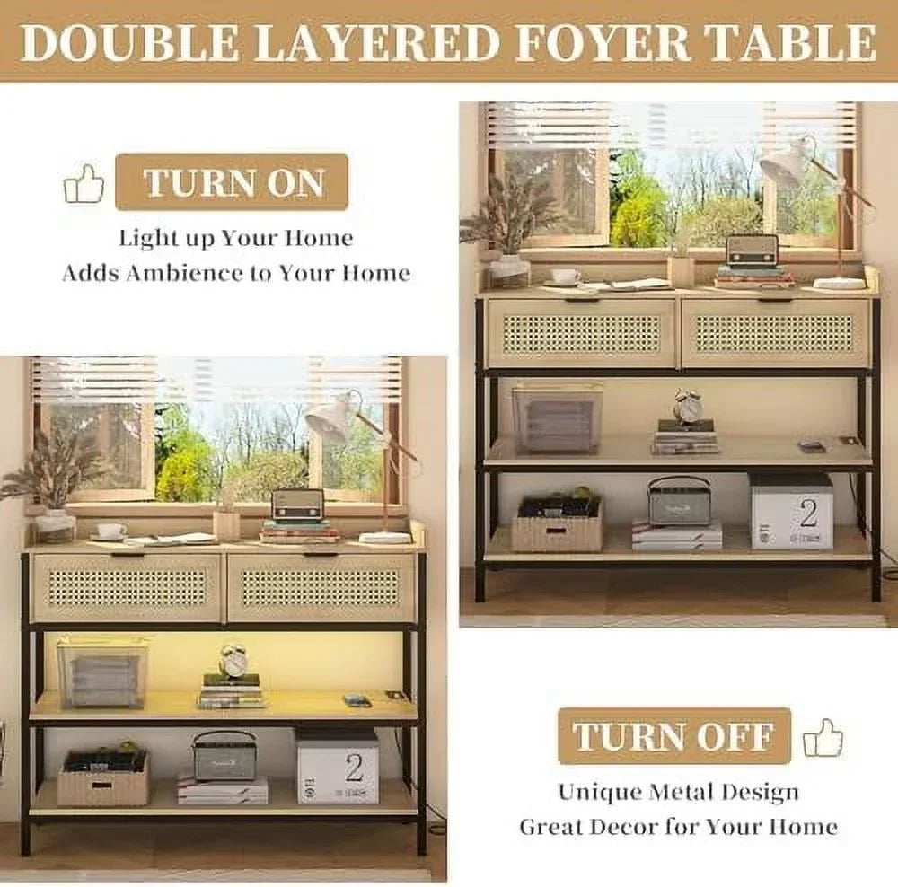 AYFDEGT Entryway Table With 2 Drawers, Outlets, USB Ports, Shelves & LED Lights - Black