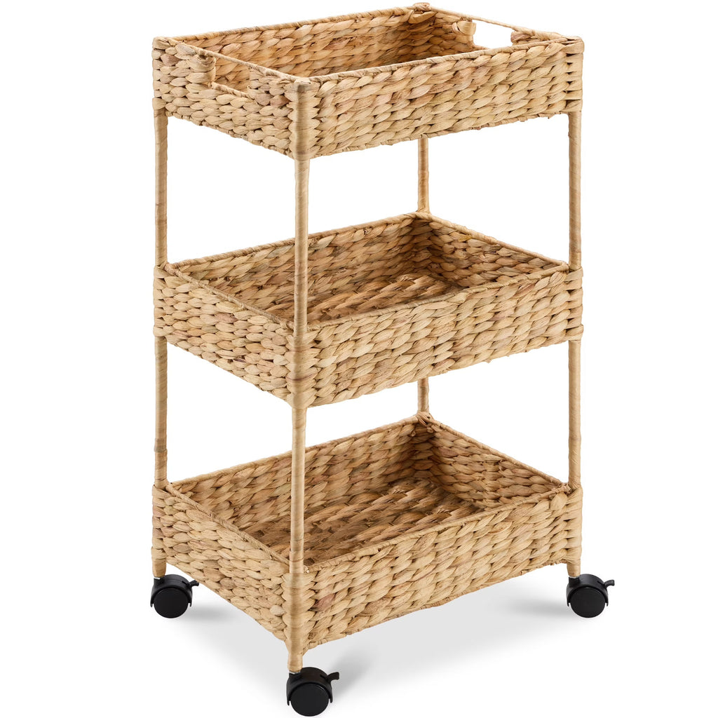 Best Choice Products 3-Tier Water Hyacinth Rolling Utility Cart, 15.5 x 11.5 x 30in