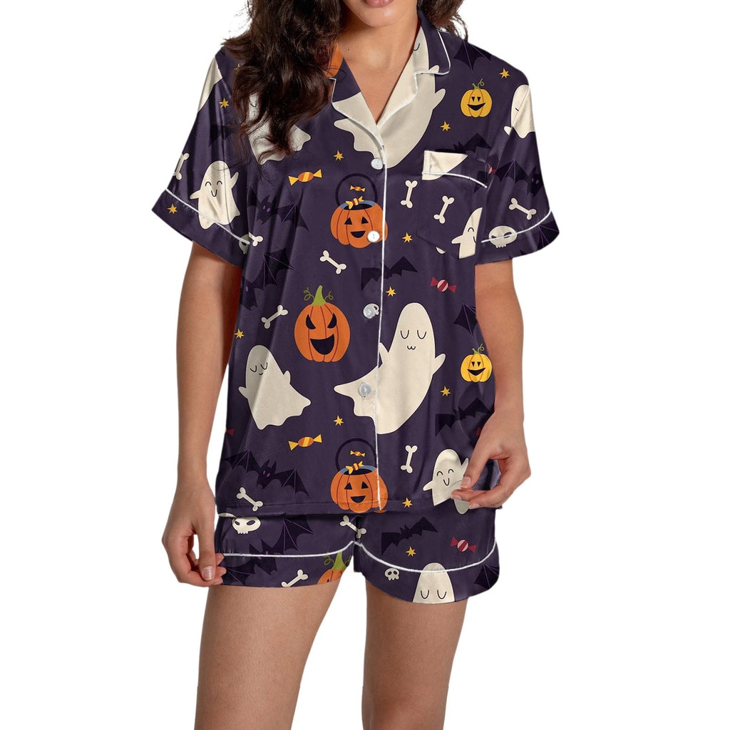 ChenYiFH Halloween Pajama Sets For Women 2 Piece Pumpkin Print Shirts And Pajamas Shorts Button Down Short Sleeve Sleepwear Black S