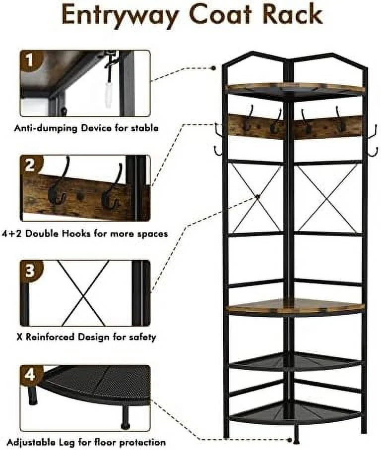 MQLIFEBOOM 3-in-1 Corner Entryway Hall Tree With Bench, Shoe Rack And Coat Rack, Rustic Brown/Black, 17.72in x 17.72in x 72.05in