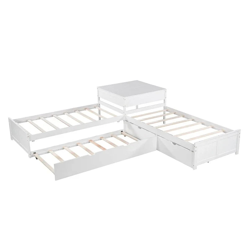 White Twin Size L-Shaped Platform Bed With Trundle And 2 Drawers