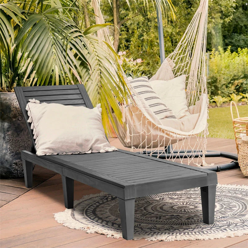 Outdoor Patio Chaise Lounge Chair Recliner - Adjustable 5 Positions, Wood Texture Design