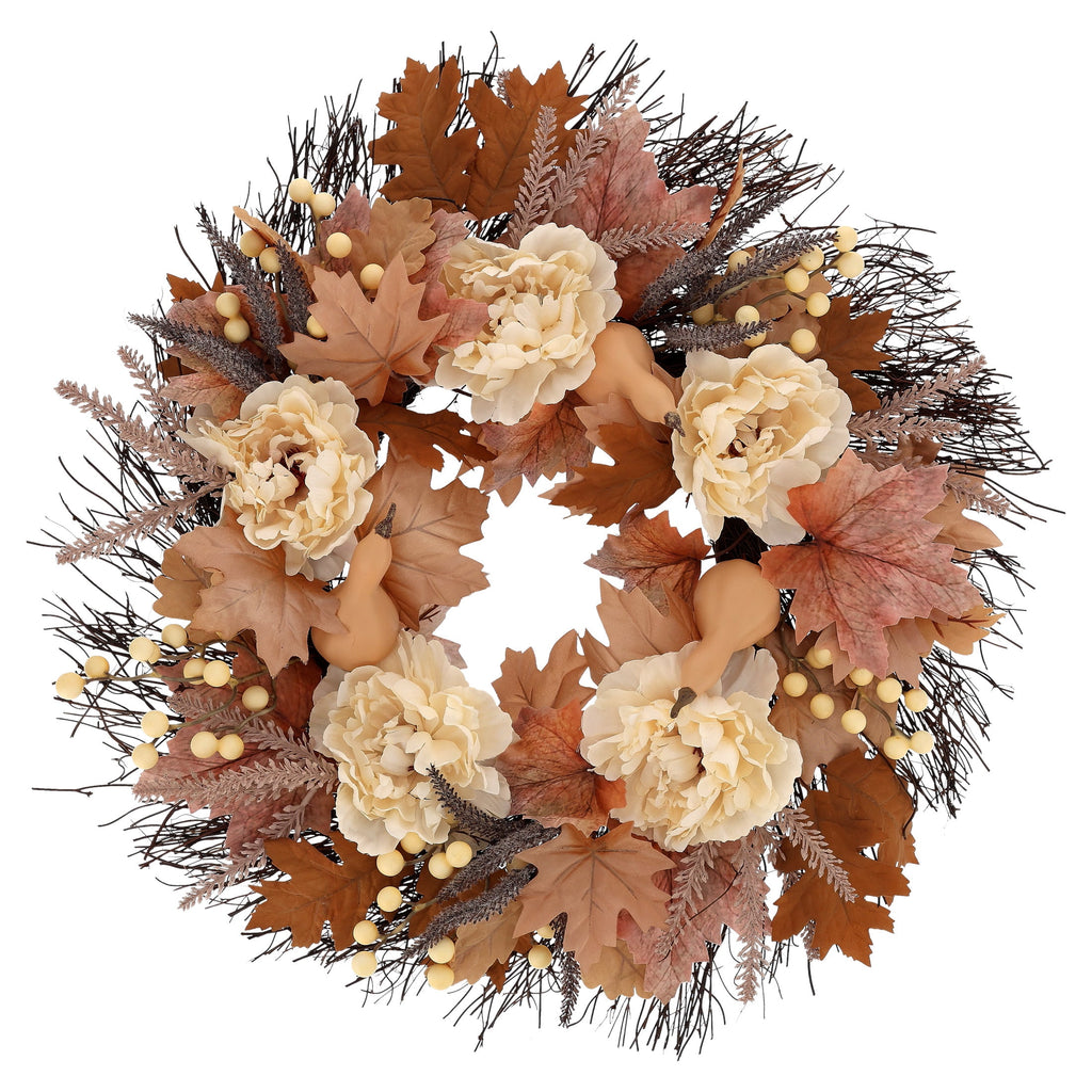 Maple Leaves and Peony Wreath, Cream and Brown, 22", Fall by Way To Celebrate