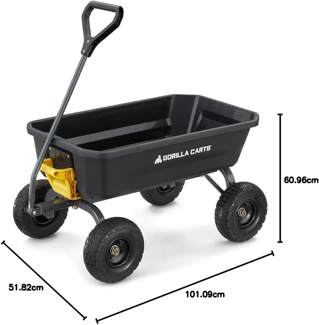 Poly Dump Garden Cart With No-Flat Tires And Serrated Shovel, 7 Cubic Feet, 1,200 lb Capacity, Black