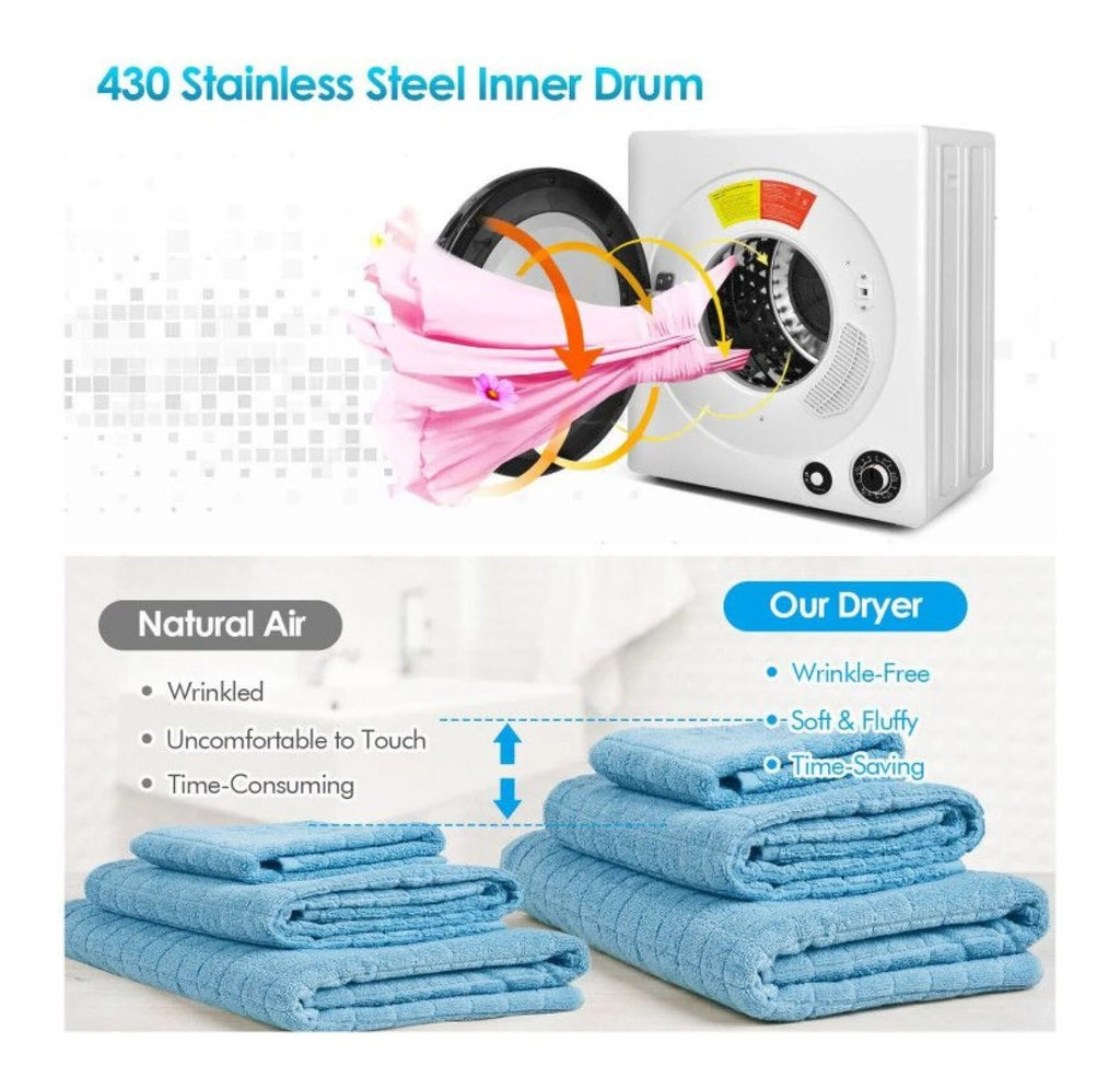 Compact Electric Tumble Dryer, 13.2lbs, White, Stainless Steel Tub, 4 Drying Modes, 2 Heat Settings