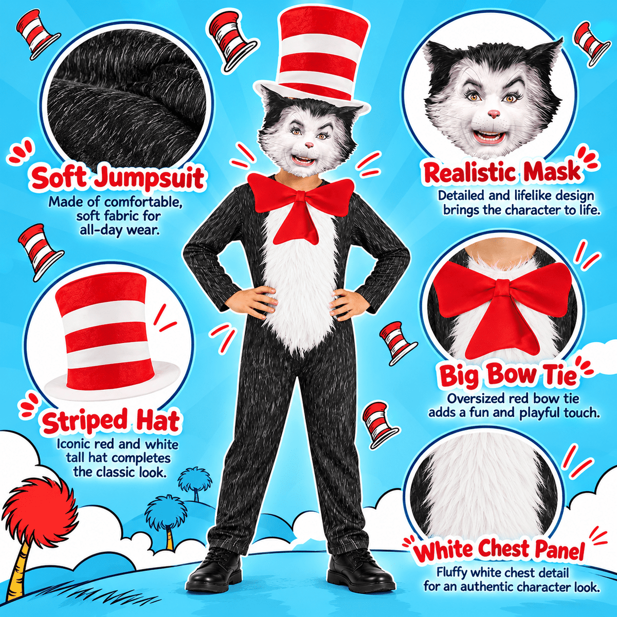 4-Piece Cat Halloween Cosplay Costume for Kids, Scary Cat Jumpsuit Set with Mask, Striped Hat & Bow Tie for Boys & Girls, Ages 11-12