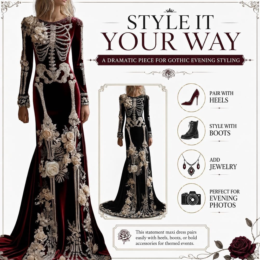 Women Skeleton Dress 3D Print Velvet Floral Long Sleeve Halloween Costumes, Skeleton Costume for Women Cosplay Party