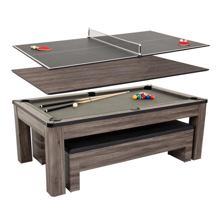 7' 3-In-1 Combination Table With Billiards, Table Tennis, Dining Table, And Storage Benches