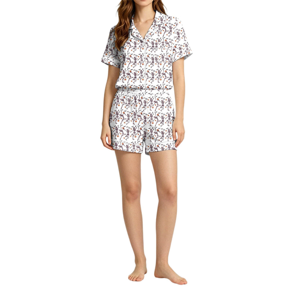 MEZZALL Women Halloween Printed Pajama With Lapel Collar Short Sleeve Tops And Shorts For Home Wear Cozy For Lightweight And Breathable Comfort Relaxed Fit 2 Piece Pjs