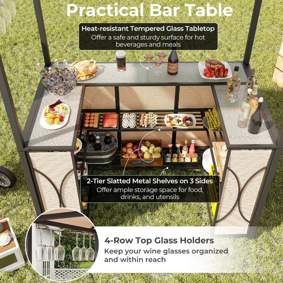 Costway 3-Piece Grill Gazebo Bar Set With 2 Bar Stools And Tempered Glass Top - Grey