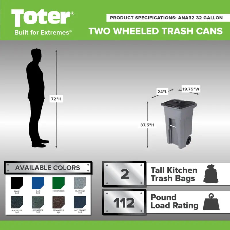 Toter 32 Gallon Green Trash Can With Quiet Wheels And Attached Lid - ANA32-55410