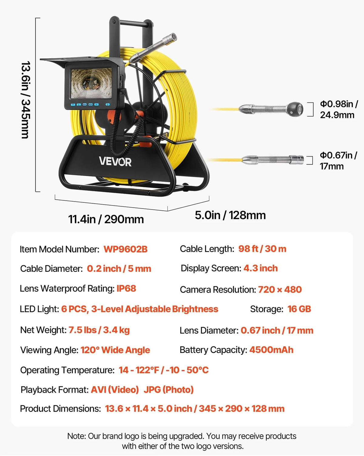 VEVOR Sewer Camera, 98 ft / 30 m, 4.3 inch Display, 16 GB Card - WP9602B