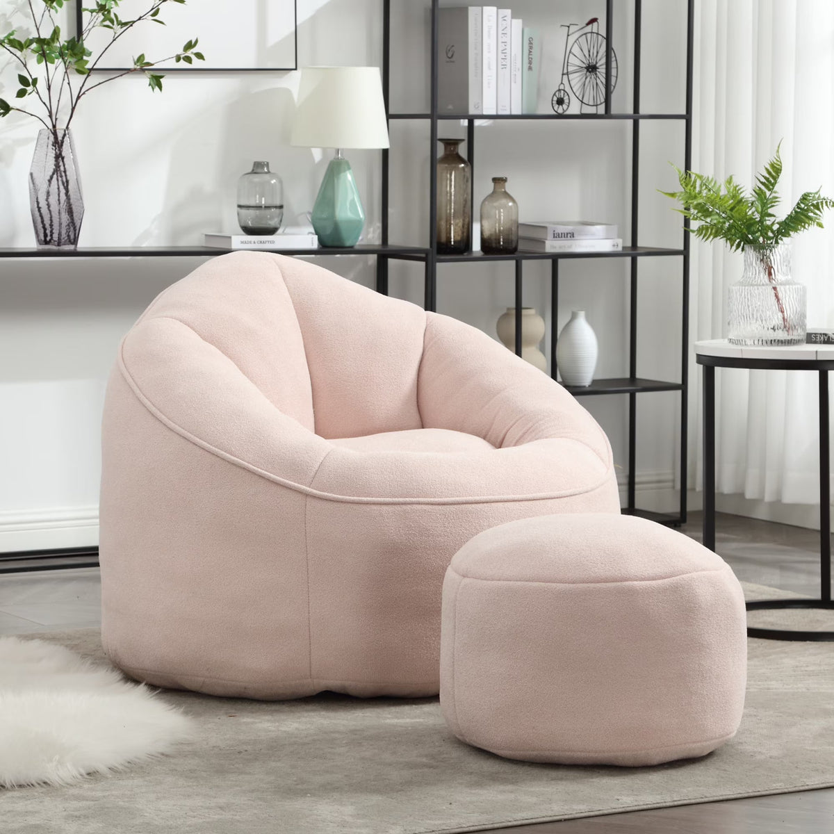 MOONMISS Microfiber Upholstered Round Bean Bag Sofa Chair With Ottoman - Gray
