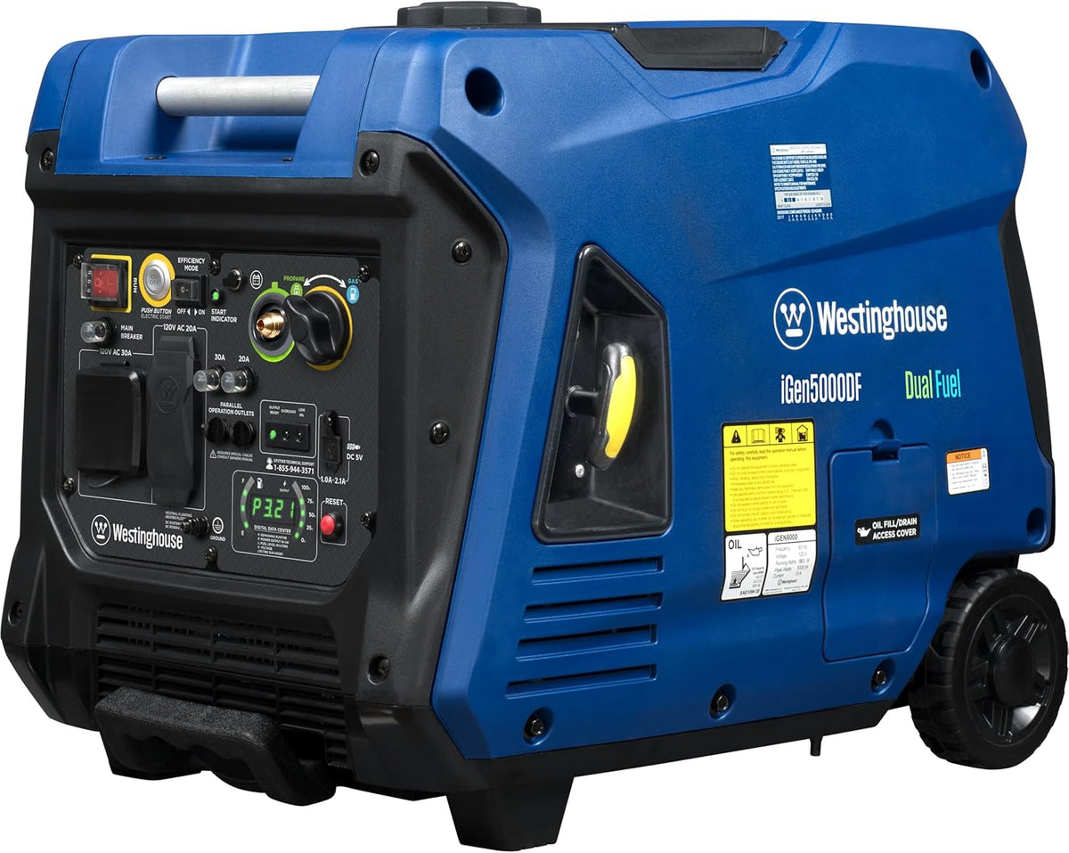 Westinghouse Dual Fuel Portable Inverter Generator, 5000 Peak Watt, 3900 Rated Watt, Blue/Black - iGen5000DF