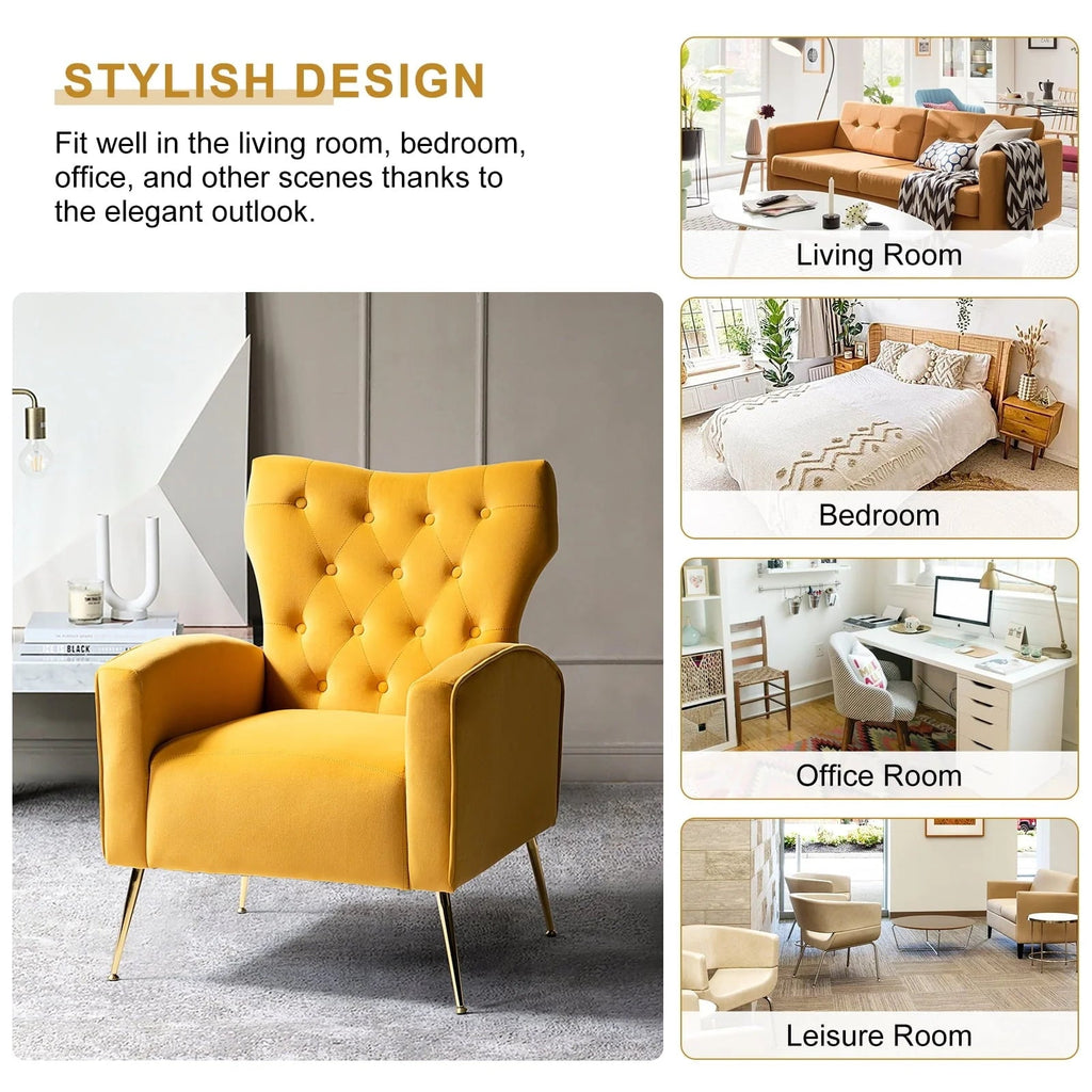 14 Karat Home Velvet Accent Chair With Button-Tufted Back And Metal Legs - Mustard