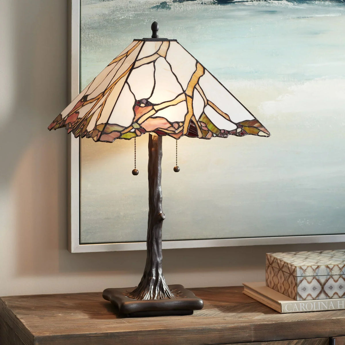 Robert Louis Tiffany Table Lamp 26 inch High Dark Bronze Cherry Blossom Stained Art Glass Shade
