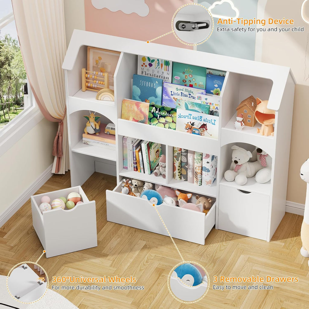 Halitaa Kids Castle Bookshelf With Toy Storage, 3 Drawers, LED Lights, White, 49.2in W x 13.1in D x 40.2in H