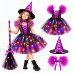 G`irls Purple Themed Dress Set, Kids Halloween Outfit with Witch Hat, Star Wand and Candy Pouch for Party Dress Up