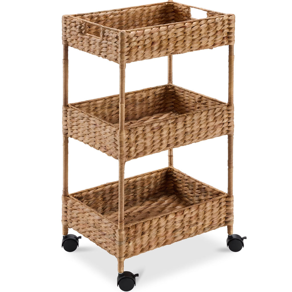 Best Choice Products 3-Tier Water Hyacinth Rolling Utility Cart, 15.5 x 11.5 x 30in