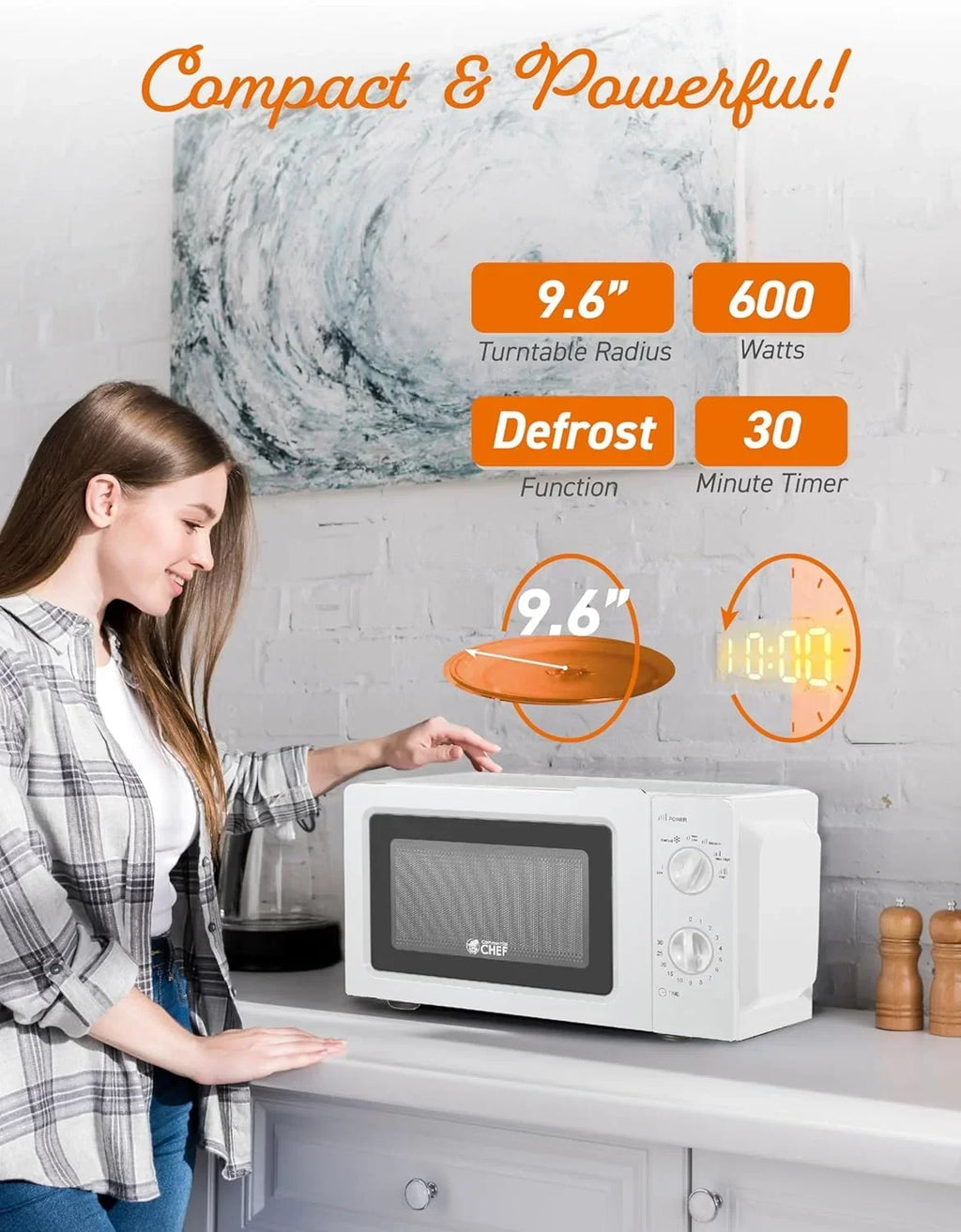 CHEF Countertop Microwave, 0.6 Cubic Foot, 600W, Black