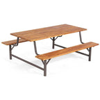 Acacia Wood Picnic Table Bench Set, 71in With 2in Umbrella Hole And Metal Frame