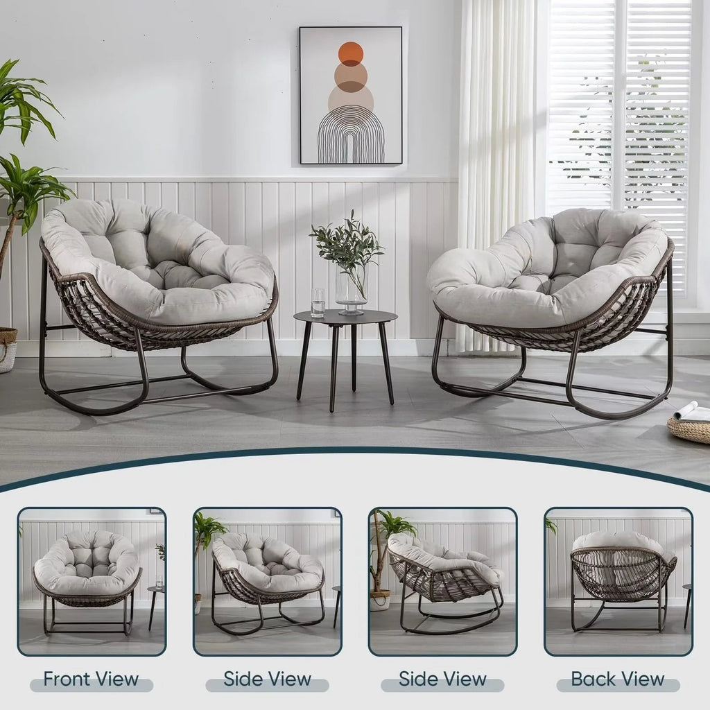 Outdoor Papasan Rocking Chair With Thick Cushion, Grey - 43.70in D x 37.20in W x 31.50in H