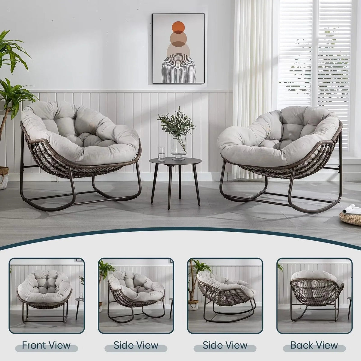Outdoor Papasan Rocking Chair With Thick Cushion, Grey - 43.70in D x 37.20in W x 31.50in H