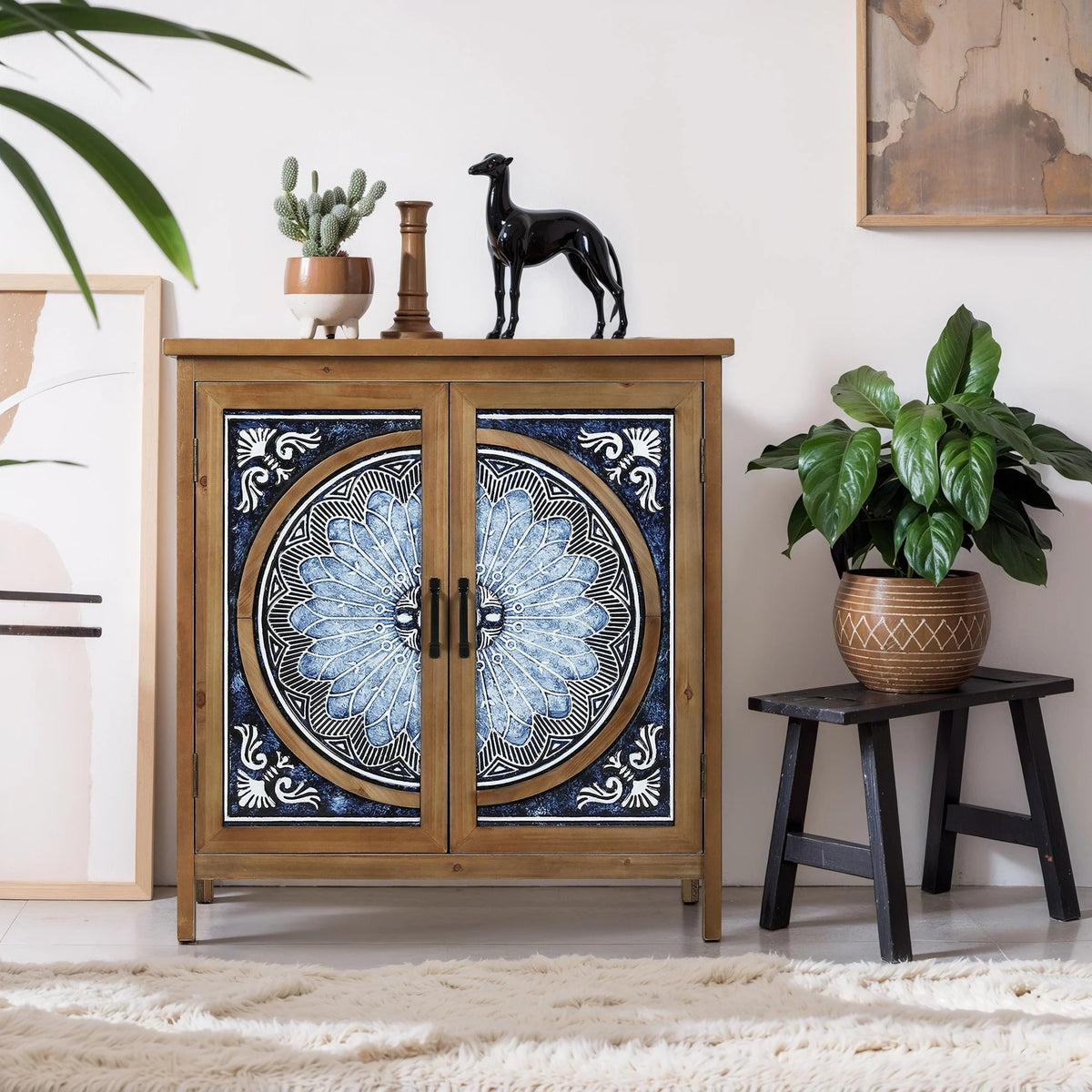 Vintage Storage Accent Cabinet With Drawers, Blue And White, 32 in L x 14.96 in W x 33.66 in H
