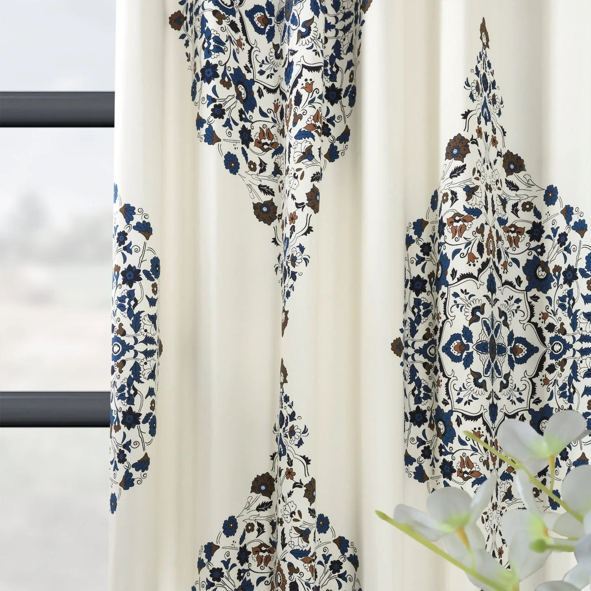 Medallion Damask Printed Cotton Room Darkening Curtain Panel, 1 Piece, 50 in W x 84/96/108/120 in L