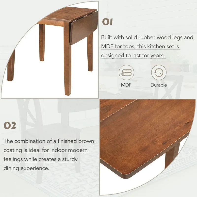 3-Piece Wood Drop Leaf Dining Table Set With 2 X-Back Chairs - 47.3x29.5x29.5inch