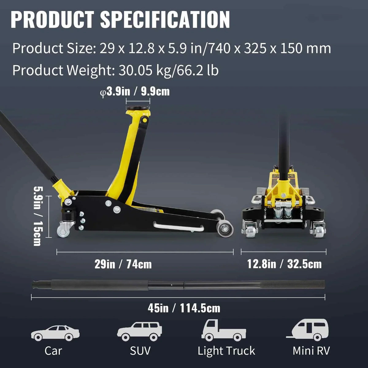 BENTISM Low Profile Floor Jack 3 Ton (6600 lbs), Aluminum And Steel, Yellow And Black - QJD-LTD030A-00
