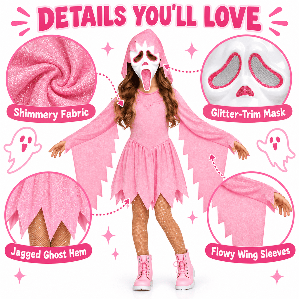 Pink Glitter Ghost Halloween Costume for Girls, Hooded Cosplay Dress with Mask, Spooky Horror Party Outfit