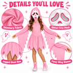 Pink Glitter Ghost Halloween Costume for Girls, Hooded Cosplay Dress with Mask, Spooky Horror Party Outfit
