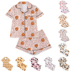 CUZIBR Girls Halloween Pajamas Sets Soft Comfortable Ghost Pumpkin Lapel Button Short Sleeve Shirt Elastic Waist Shorts 2 Pieces Sleep Loungewear Relaxed Sleepwear Outfits, Orange-C