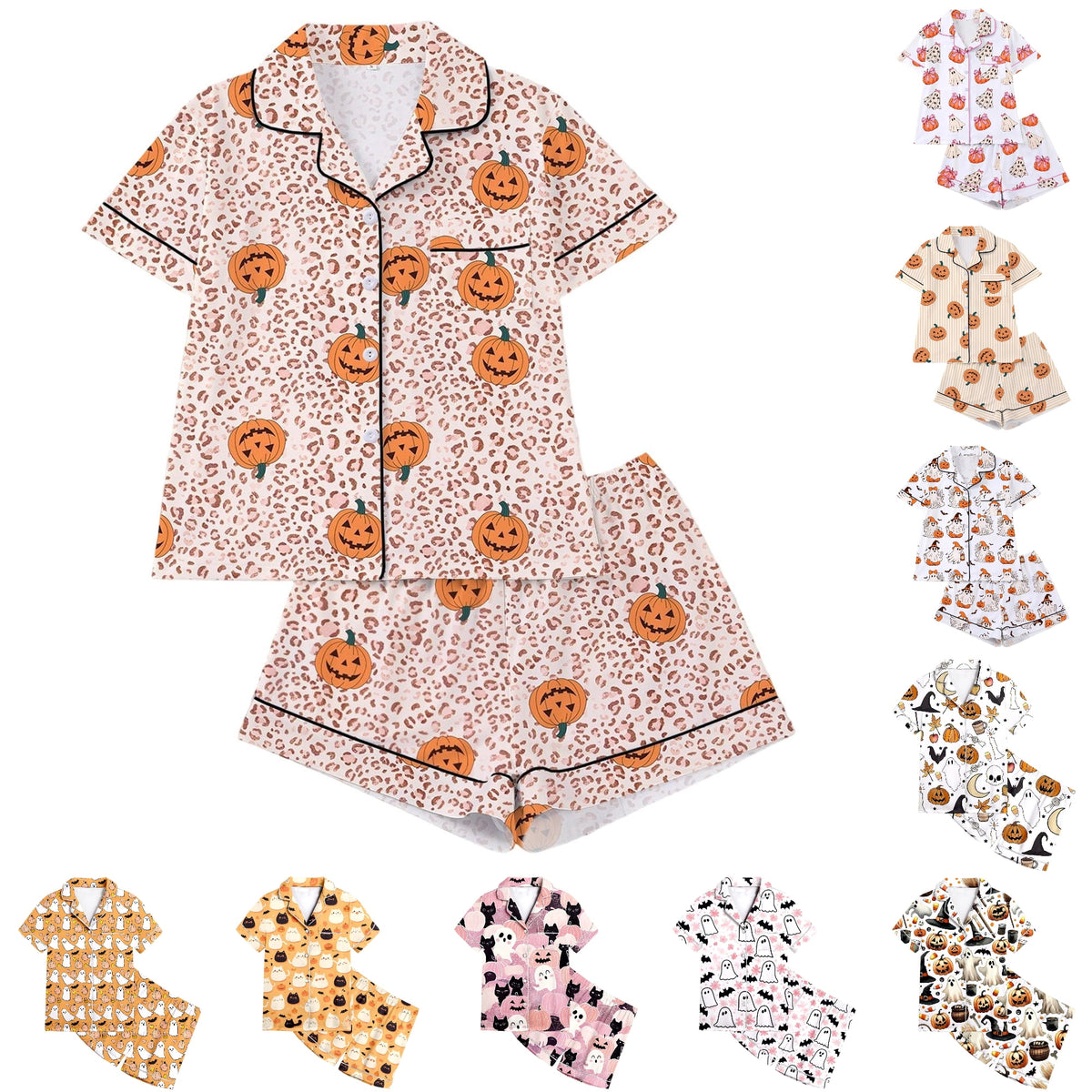 CUZIBR Girls Halloween Pajamas Sets Soft Comfortable Ghost Pumpkin Lapel Button Short Sleeve Shirt Elastic Waist Shorts 2 Pieces Sleep Loungewear Relaxed Sleepwear Outfits, Orange-C