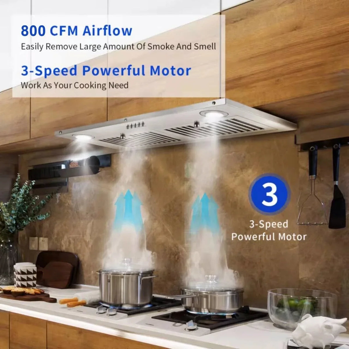 Zomagas Built-In Range Hood 30 inch 600 CFM Brushed Stainless Steel With LED Lights