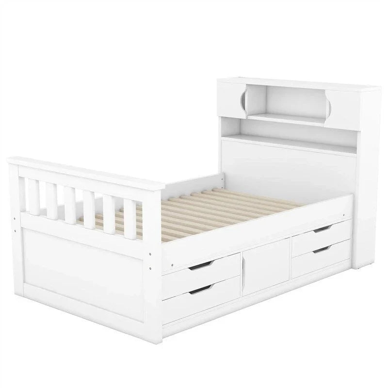 Twin/Full Captain Platform Bed With 4 Drawers And Storage Bookcase Headboard