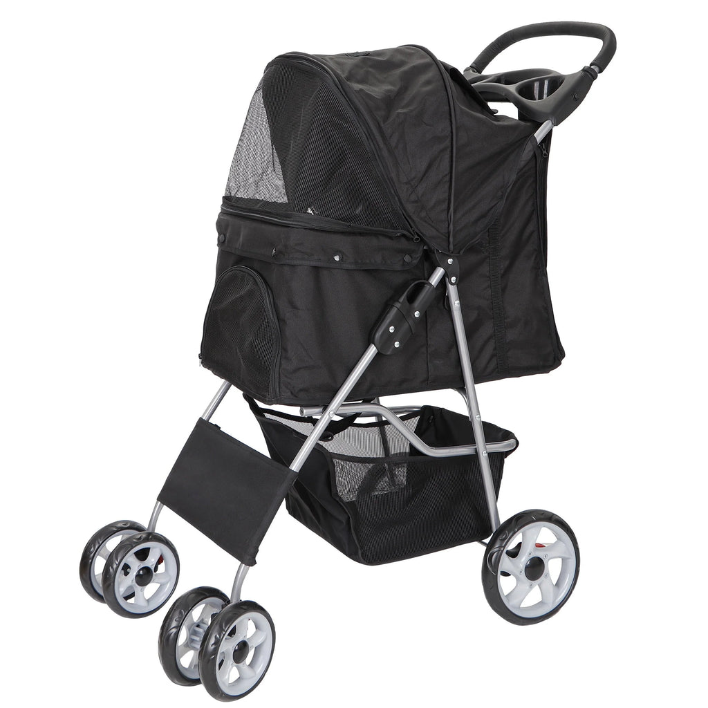 HomGarden 4 Wheel Foldable Pet Stroller Carrier Cart With Storage Basket And Cup Holder - Black