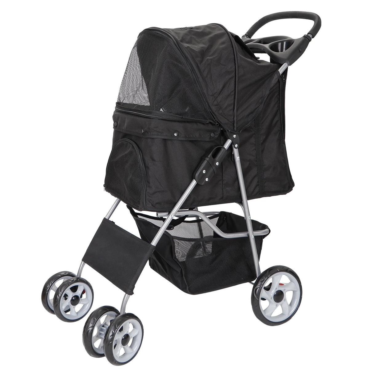 HomGarden 4 Wheel Foldable Pet Stroller Carrier Cart With Storage Basket And Cup Holder - Black