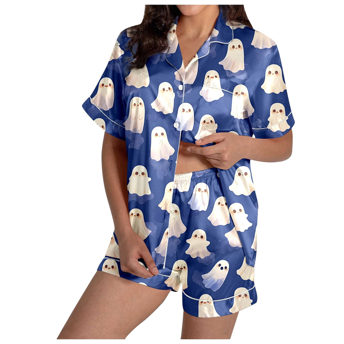 MEZZALL Women Halloween Printed Pajama With Lapel Collar Short Sleeve Tops And Shorts For Home Wear Cozy For Lightweight And Breathable Comfort Relaxed Fit 2 Piece Pjs