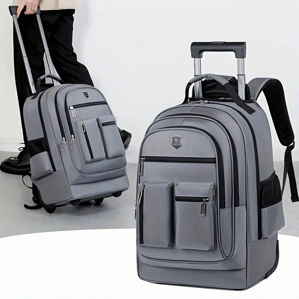 Rolling Backpack With Retractable Handle, Aluminum Frame, Oxford Fabric, Black