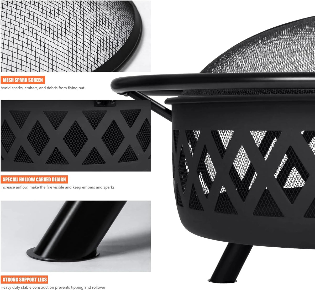 SUNCREAT 42-Inch Wood Burning Patio Fire Pit, Black, 42.1 Inch Diameter x 25.2 Inch High