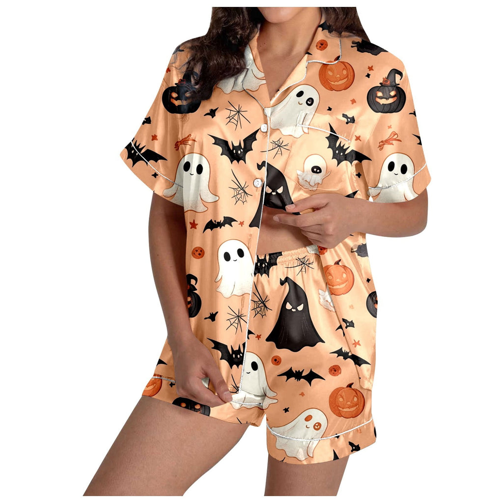 MEZZALL Women Halloween Printed Pajama With Lapel Collar Short Sleeve Tops And Shorts For Home Wear Cozy For Lightweight And Breathable Comfort Relaxed Fit 2 Piece Pjs