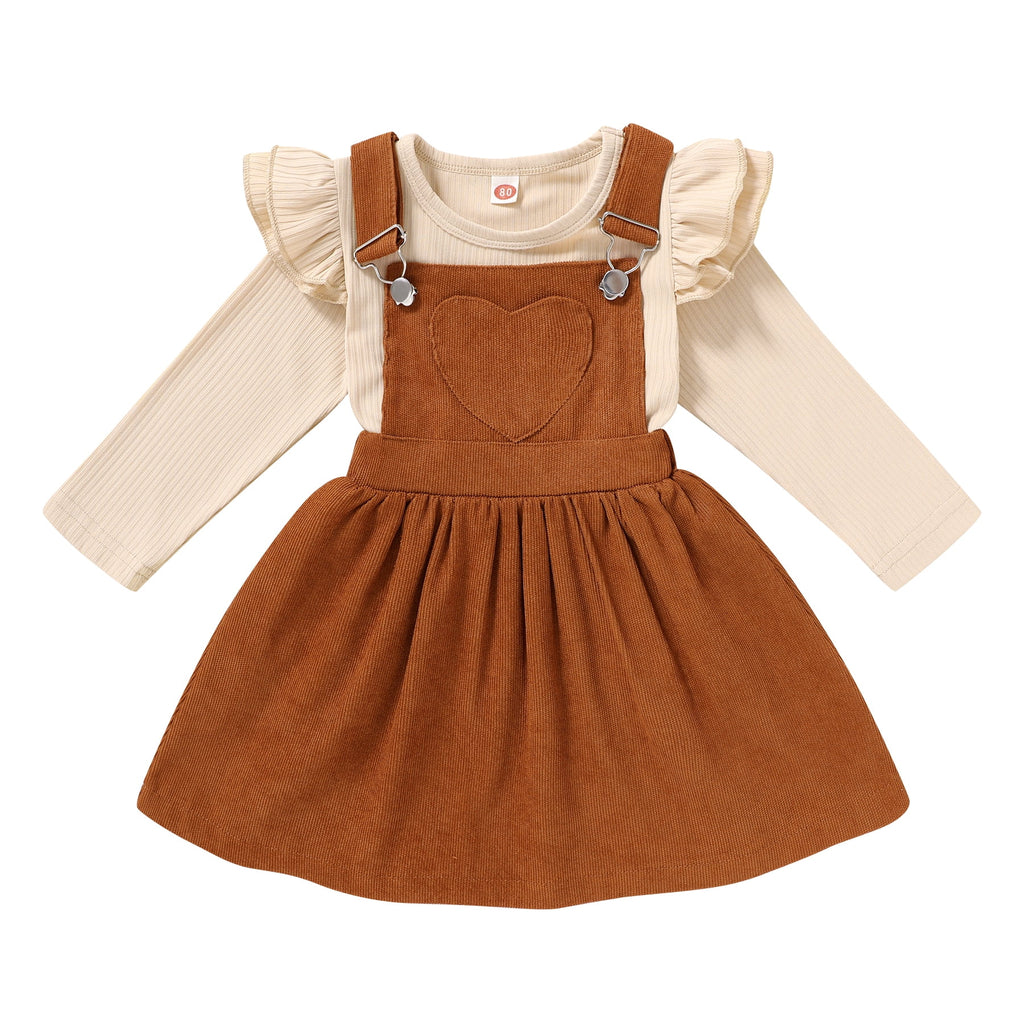 Younger Tree Toddler Baby Girl Fall Dress Outfit Long Sleeve Top Strap Dress Overall with Pocket Clothes Set for 2-3T