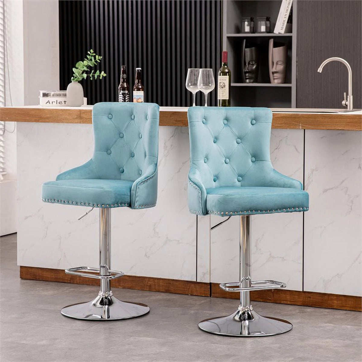 Alexent 2-Piece Swivel Bar Stools, Dark Blue, 43.7-51.6 H, 19.3 W x 18.1 D - Silver Footrest