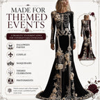 Women Skeleton Dress 3D Print Velvet Floral Long Sleeve Halloween Costumes, Skeleton Costume for Women Cosplay Party
