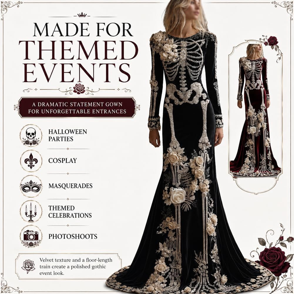 Women Skeleton Dress 3D Print Velvet Floral Long Sleeve Halloween Costumes, Skeleton Costume for Women Cosplay Party