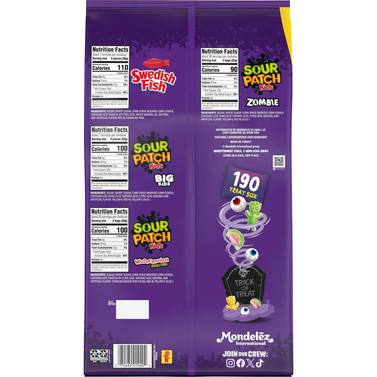 SOUR PATCH KIDS and SWEDISH FISH Soft & Chewy Gummy Halloween Candy Variety Pack, Bulk Candy, 190 count