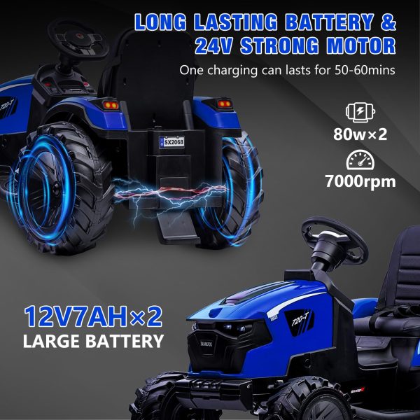 3-in-1 Ride-On Tractor 24V Electric Excavator & Bulldozer With Remote Control, LED, Music, USB/Bluetooth - Bright-Blue